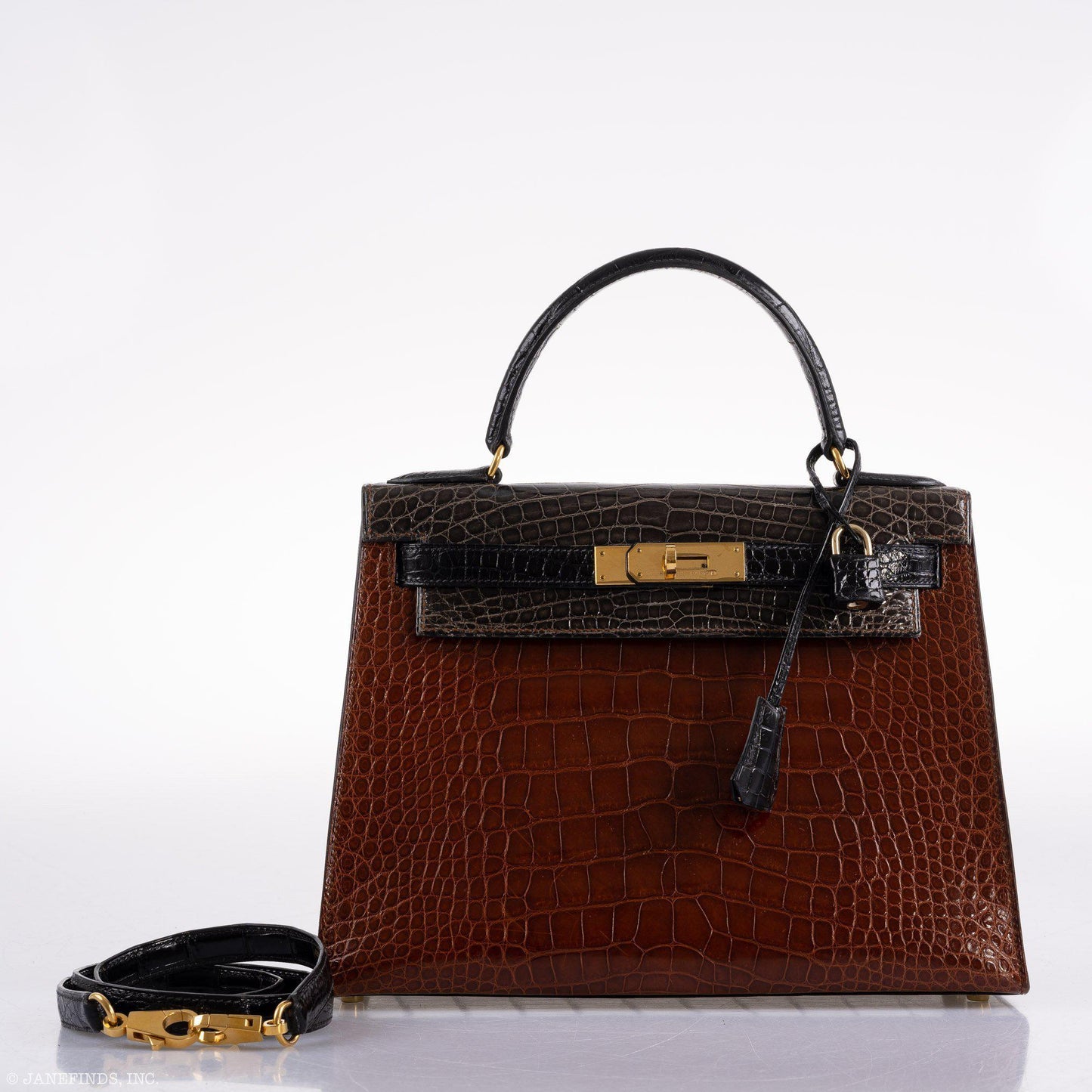 Hermes Kelly 28 Sellier Miel, Graphite & Black Alligator with Gold Hardware - 1995, Y Circle