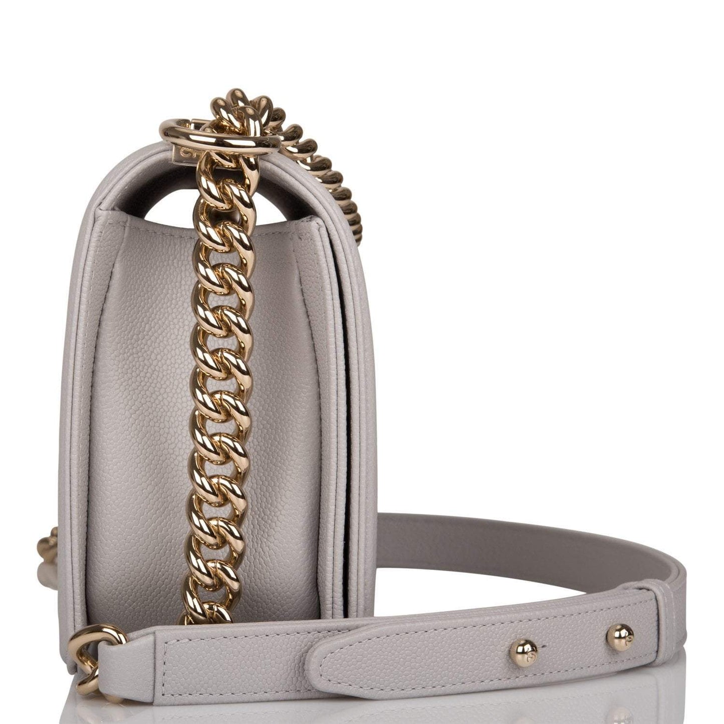 Chanel Medium Boy Bag Gray Quilted Caviar Light Gold Hardware