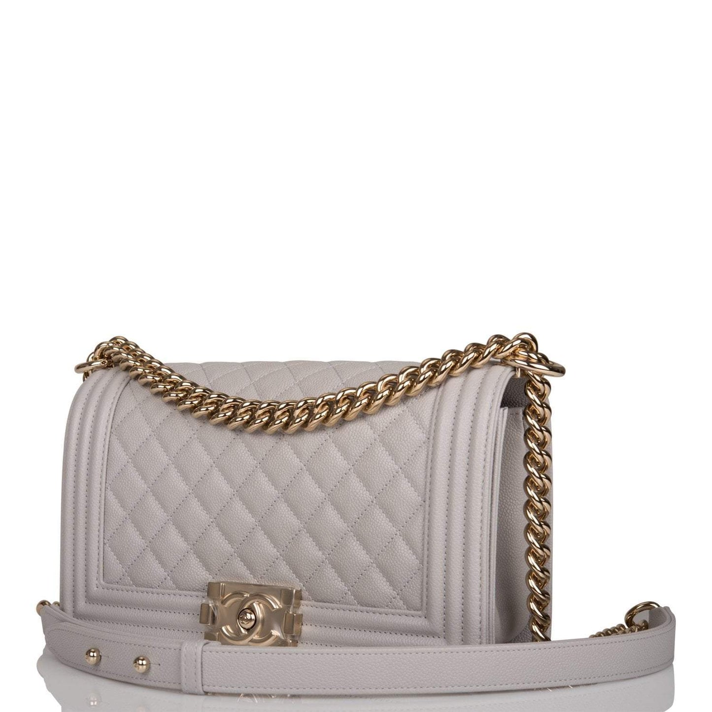 Chanel Medium Boy Bag Gray Quilted Caviar Light Gold Hardware
