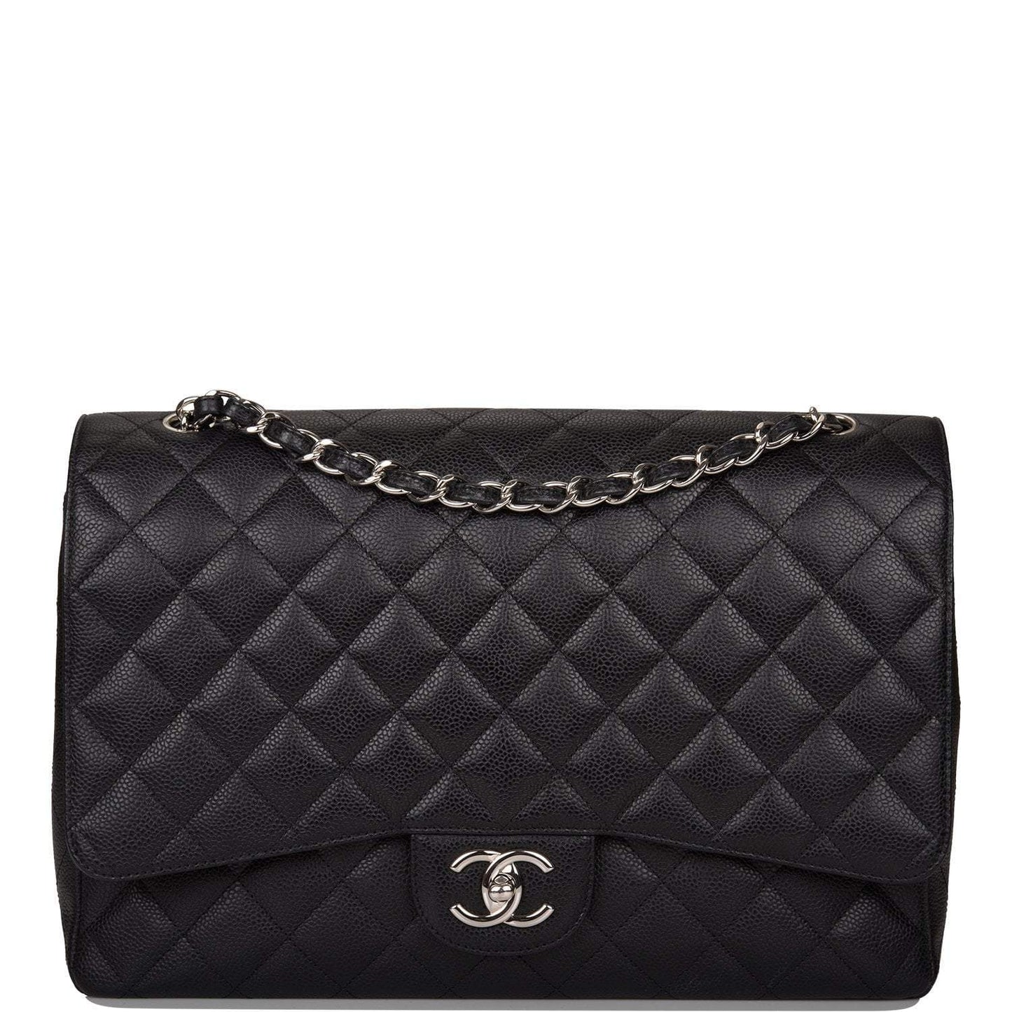 Chanel Maxi Classic Double Flap Bag Black Quilted Caviar Silver Hardware