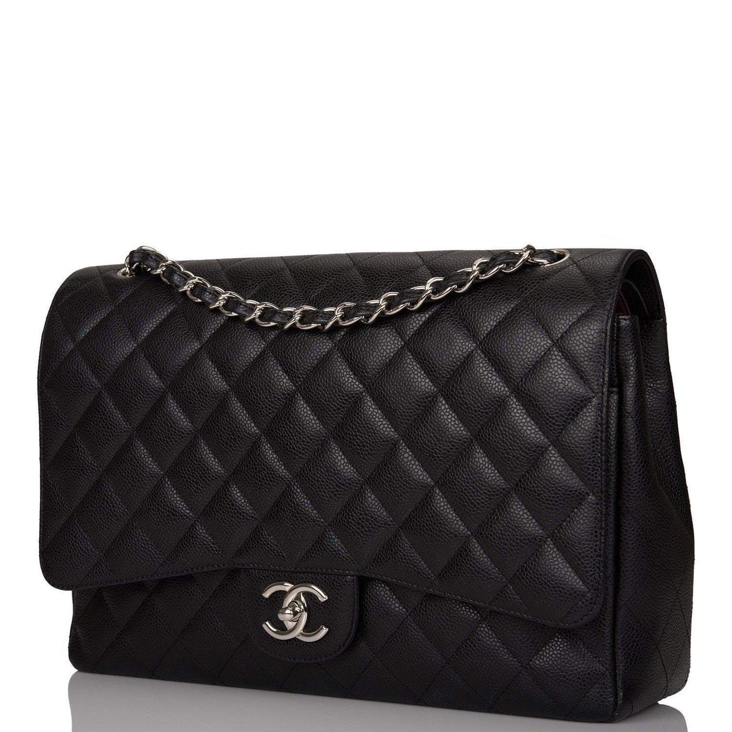 Chanel Maxi Classic Double Flap Bag Black Quilted Caviar Silver Hardware