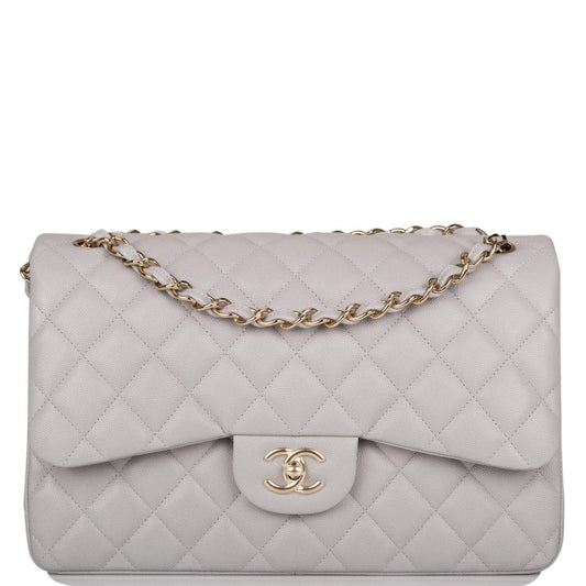 Chanel Light Gray Quilted Caviar Jumbo Classic Double Flap Bag Light Gold Hardware