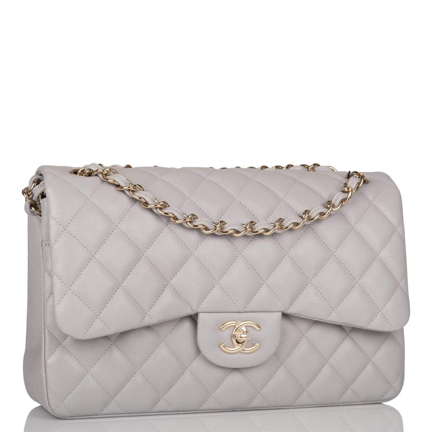 Chanel Light Gray Quilted Caviar Jumbo Classic Double Flap Bag Light Gold Hardware