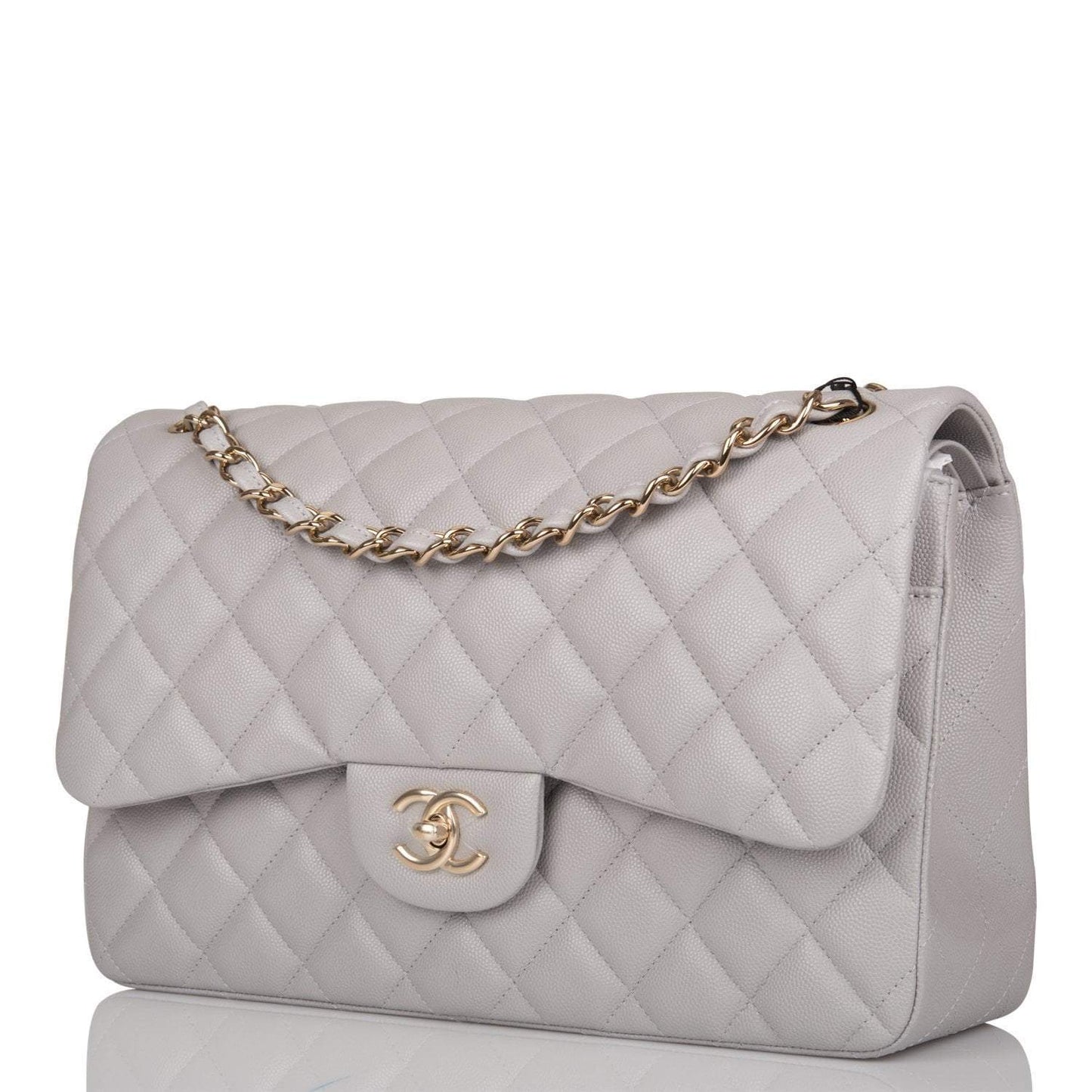 Chanel Light Gray Quilted Caviar Jumbo Classic Double Flap Bag Light Gold Hardware