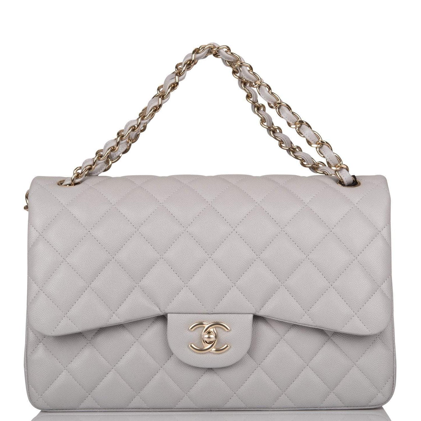 Chanel Light Gray Quilted Caviar Jumbo Classic Double Flap Bag Light Gold Hardware