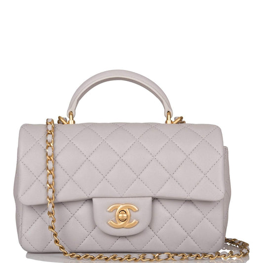 Chanel Mini Rectangular Flap Bag with Top Handle Gray Lambskin Antique Gold Hardware
