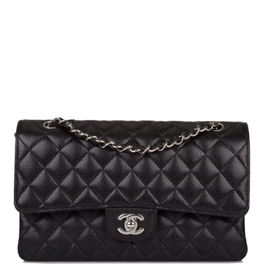 Chanel Medium Classic Double Flap Bag Black Quilted Caviar Silver Hardware
