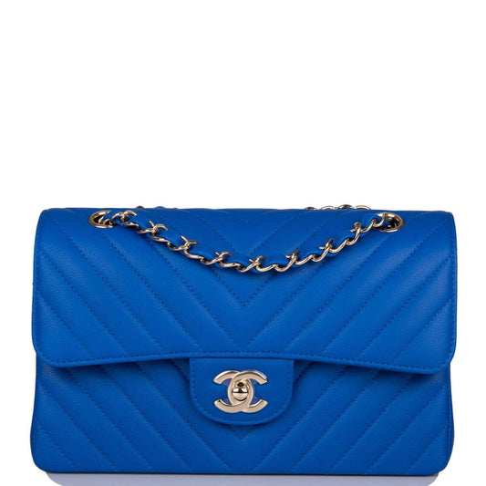 Chanel Small Classic Double Flap Blue Chevron Caviar Gold Hardware