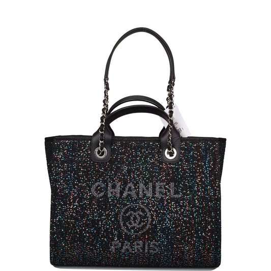 Chanel Large Deauville Shopping Tote Blue Sequin Boucle Silver Hardware