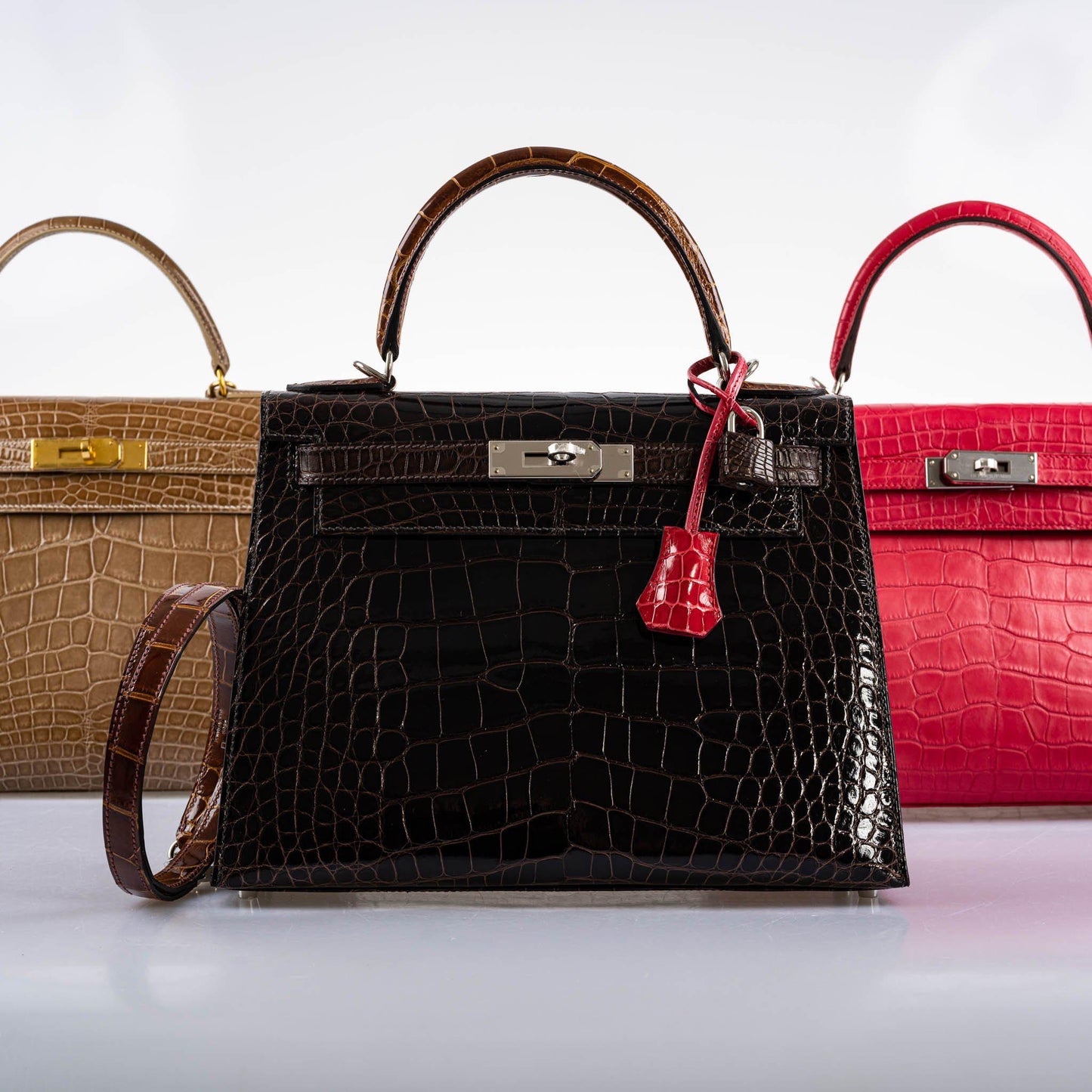 Hermes Kelly 28 Sellier Macassar, Ebene, Miel and Rose Extreme Alligator Palladium Hardware - 2021, Z
