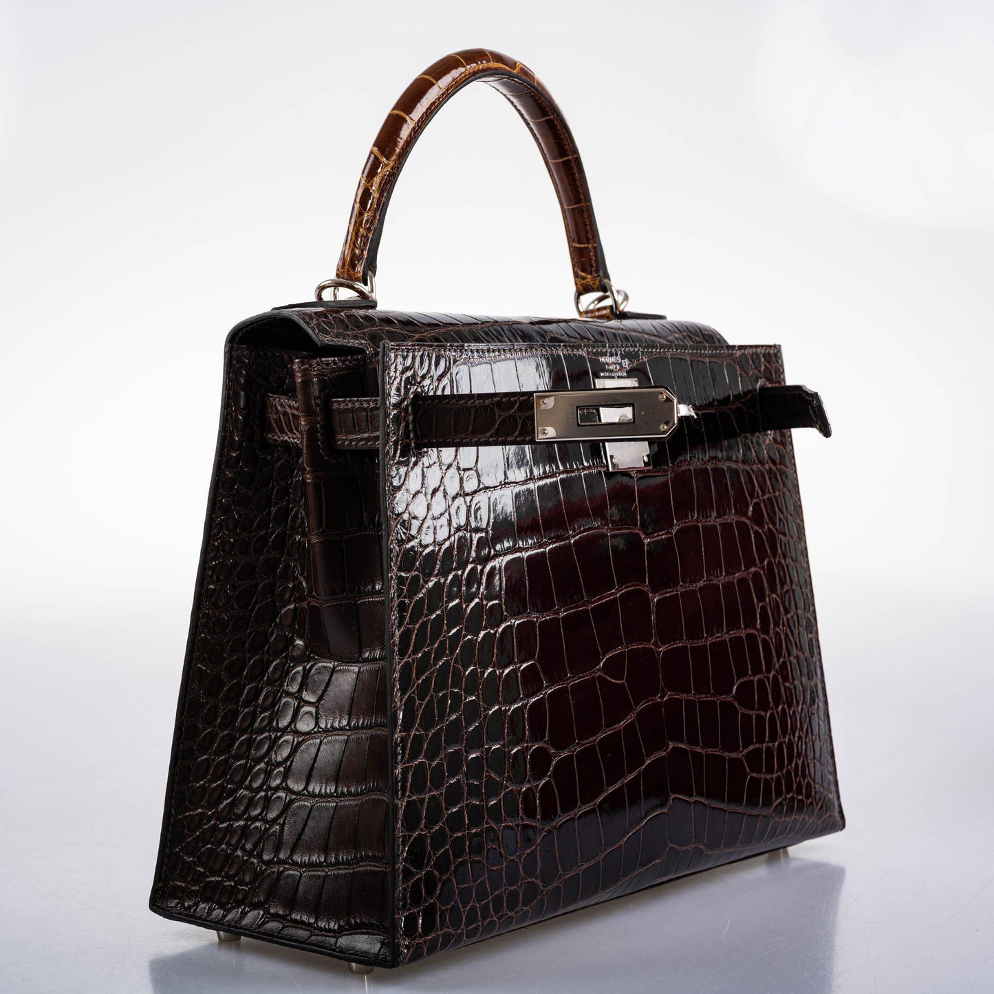 Hermes Kelly 28 Sellier Macassar, Ebene, Miel and Rose Extreme Alligator Palladium Hardware - 2021, Z