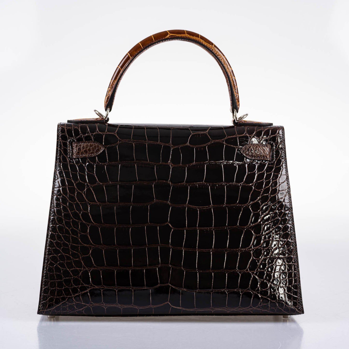 Hermes Kelly 28 Sellier Macassar, Ebene, Miel and Rose Extreme Alligator Palladium Hardware - 2021, Z