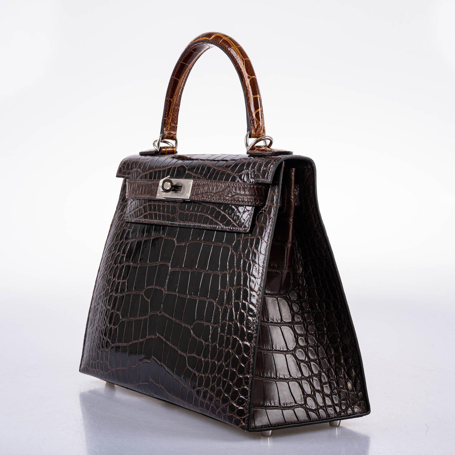 Hermes Kelly 28 Sellier Macassar, Ebene, Miel and Rose Extreme Alligator Palladium Hardware - 2021, Z