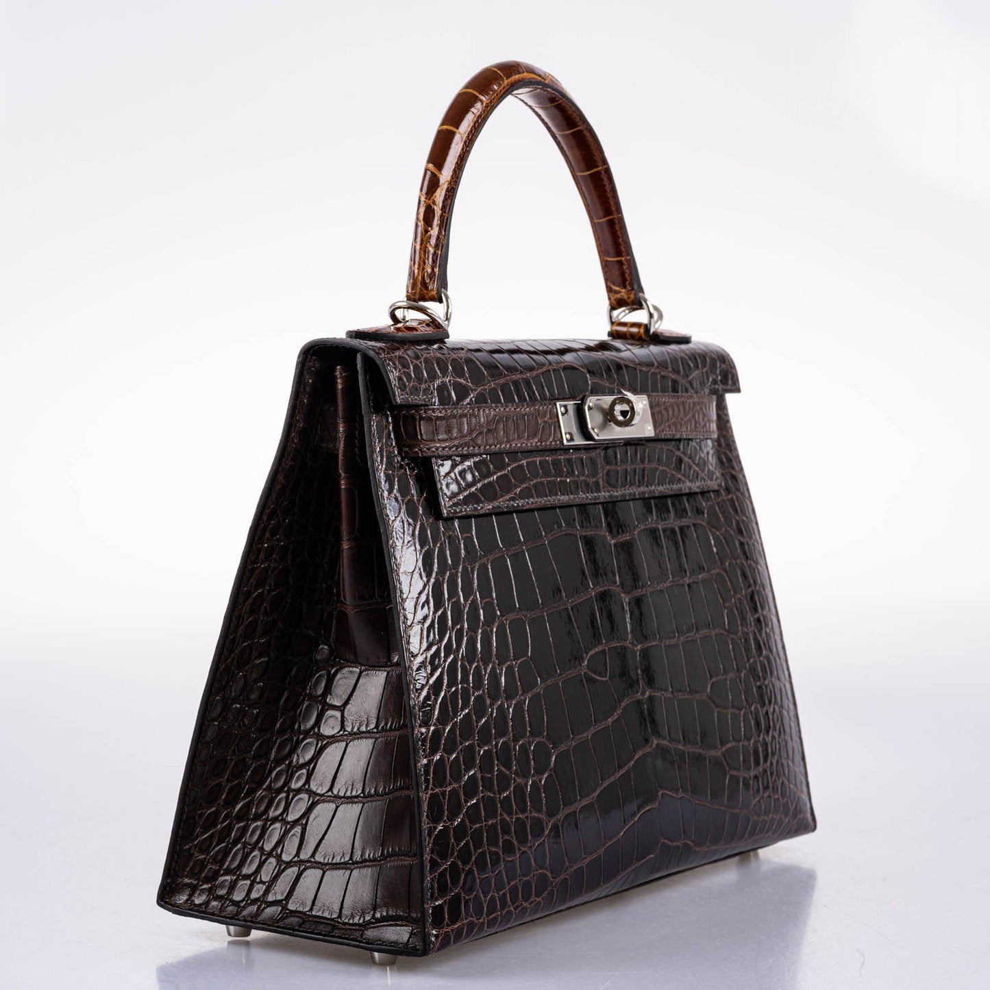 Hermes Kelly 28 Sellier Macassar, Ebene, Miel and Rose Extreme Alligator Palladium Hardware - 2021, Z