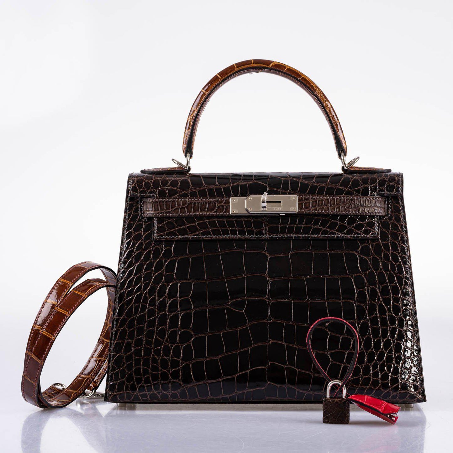 Hermes Kelly 28 Sellier Macassar, Ebene, Miel and Rose Extreme Alligator Palladium Hardware - 2021, Z
