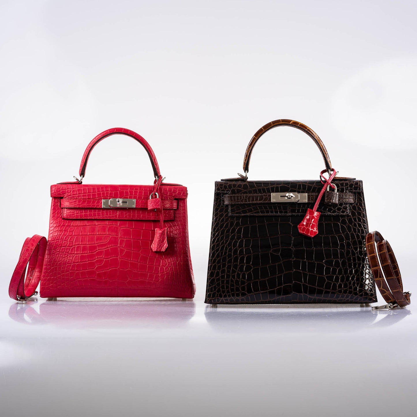 Hermes Kelly 28 Sellier Macassar, Ebene, Miel and Rose Extreme Alligator Palladium Hardware - 2021, Z
