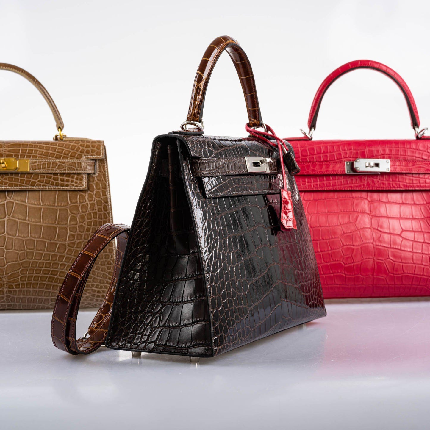 Hermes Kelly 28 Sellier Macassar, Ebene, Miel and Rose Extreme Alligator Palladium Hardware - 2021, Z