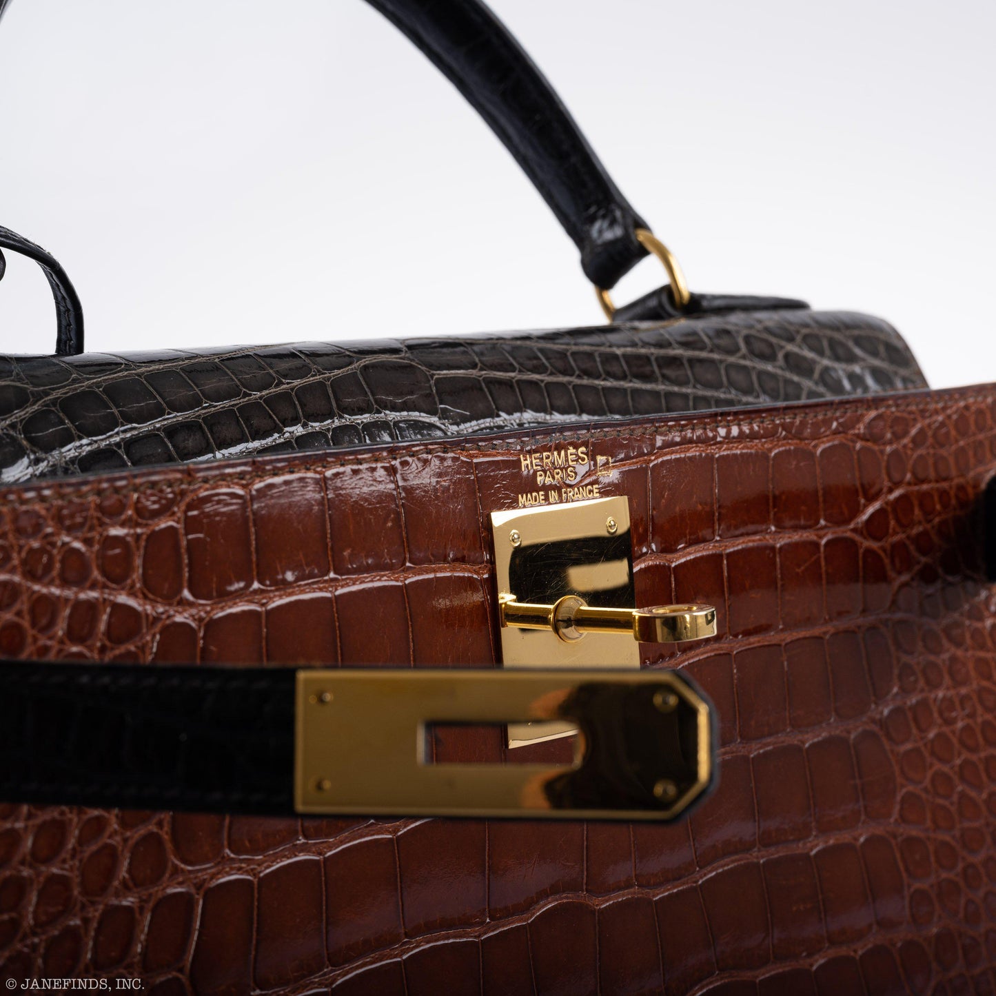 Hermes Kelly 28 Sellier Miel, Graphite & Black Alligator with Gold Hardware - 1995, Y Circle