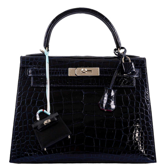 Hermes Kelly 28 Sellier Verso Blue Marine Nilo Crocodile & Rose Scheherazade Palladium Hardware - 2019, D