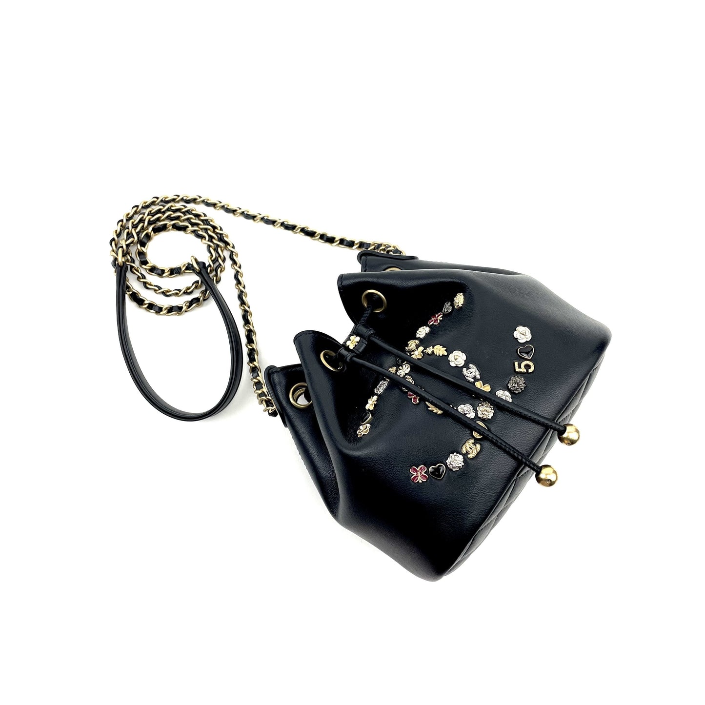 Chanel Logo Charm CC Lambskin Drawstring Bucket Bag