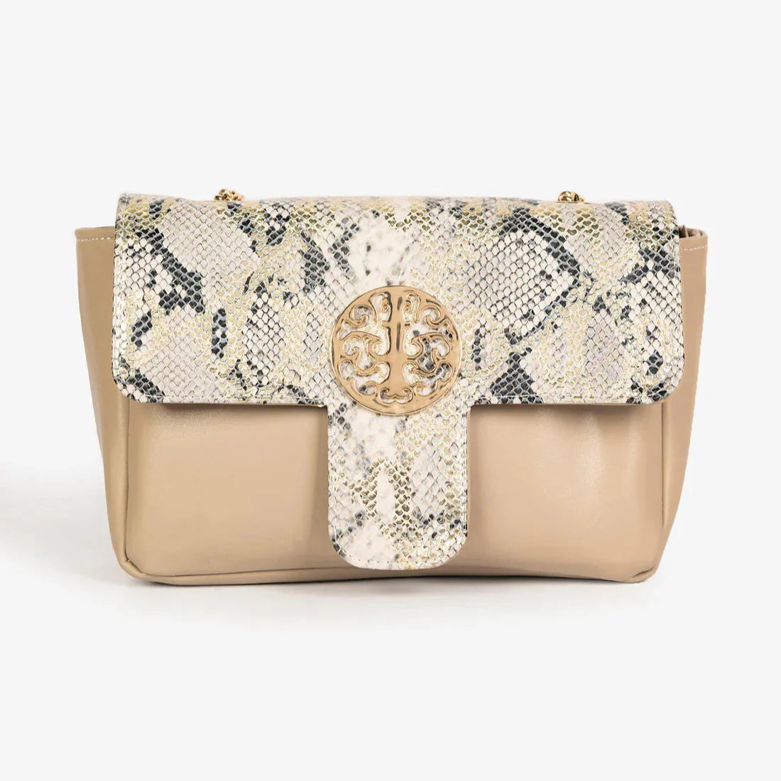 Snake Textured Flap Clutch with Brooch – Beige - Exclusu