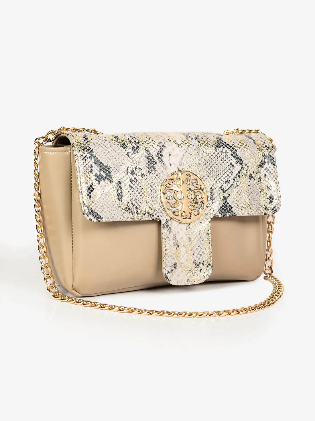 Snake Textured Flap Clutch with Brooch – Beige - Exclusu