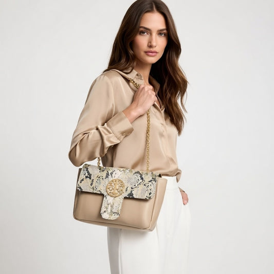 Snake Textured Flap Clutch with Brooch – Beige