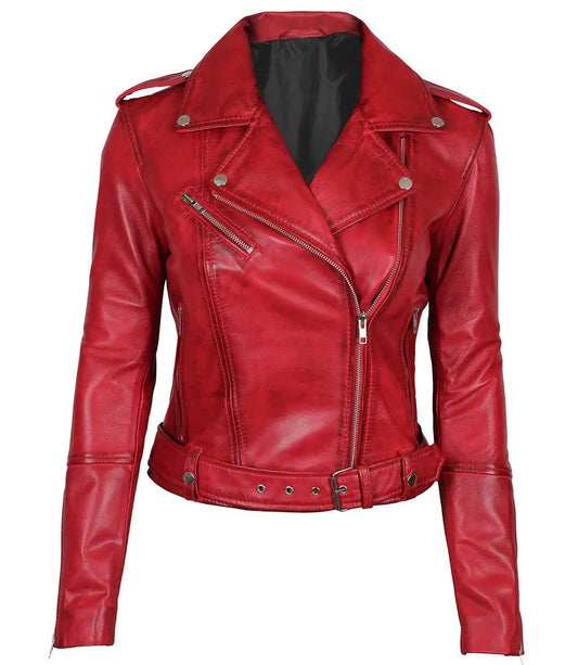 Women's Red Biker Leather Jacket