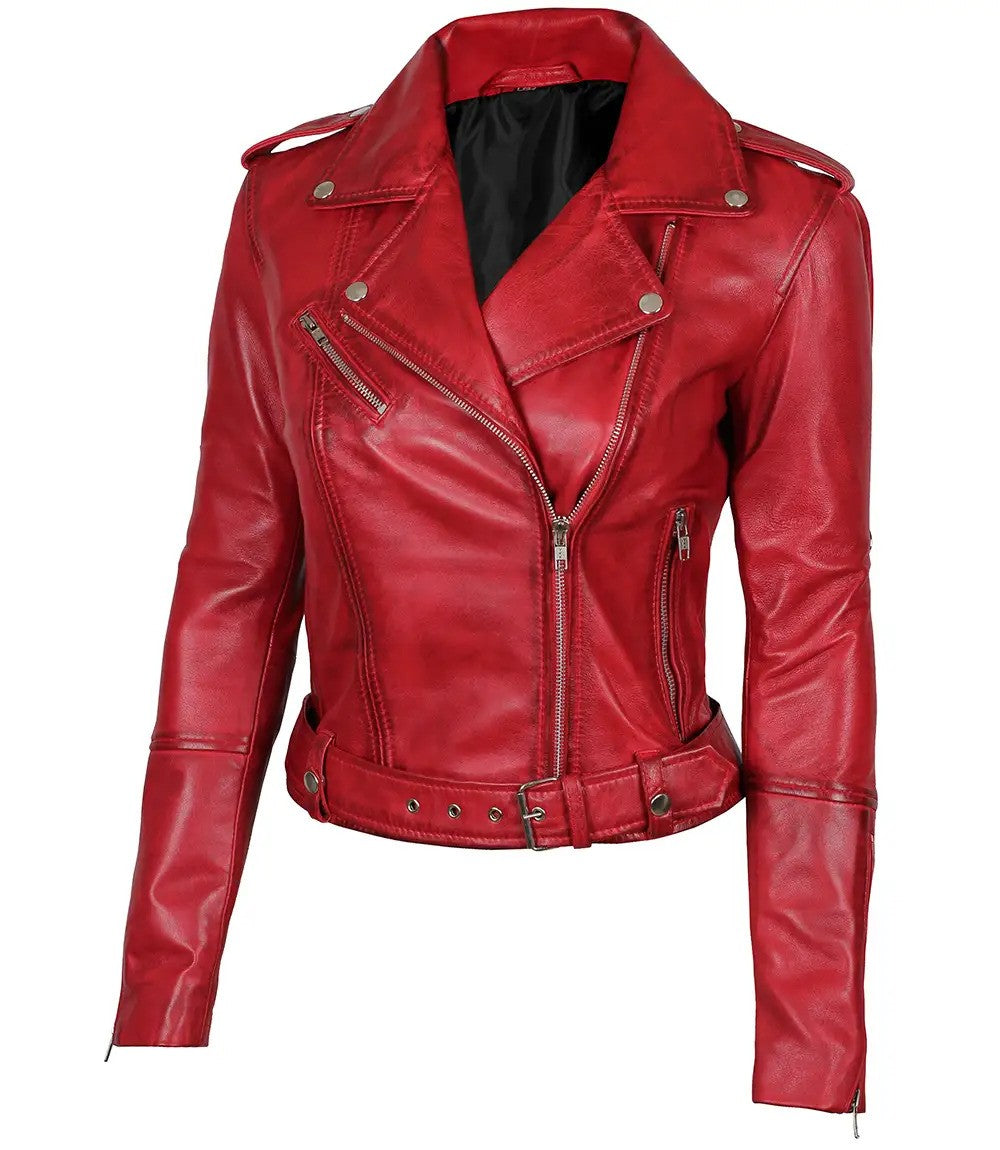 Women's Red Biker Leather Jacket